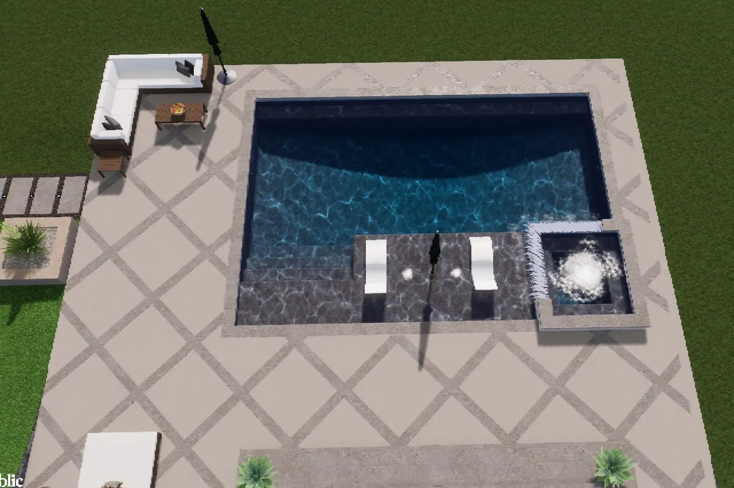 An aerial view of a modern backyard featuring a pool with lounge chairs, a bubbling spa, and stylish outdoor seating areas